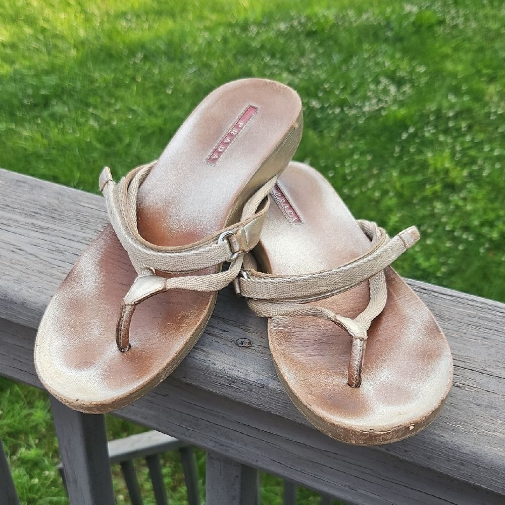 Vintage Prada Gold Thong Sandals Size 39.5 | Logo Sole
